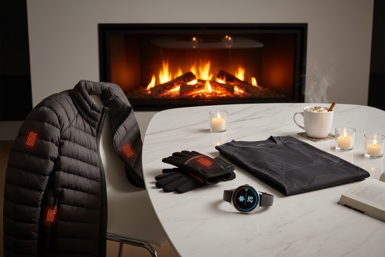 accessoire sur une table et cheminer avec doudoune chauffante gand chauffant montre cadran rond connecte et t shirt gaineur