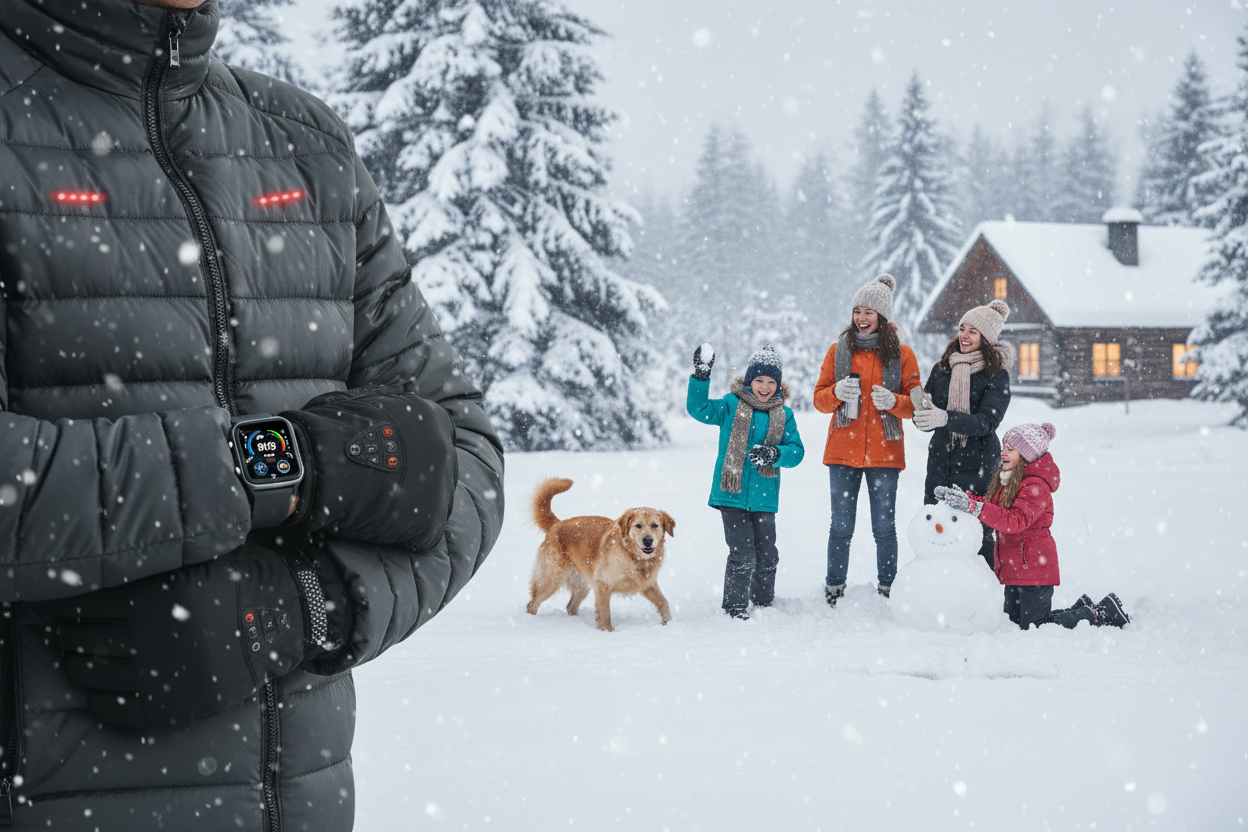 doudoune chauffante gand chauffant dans la neige avec montre conecter en voyant une famille quil marche et joue 